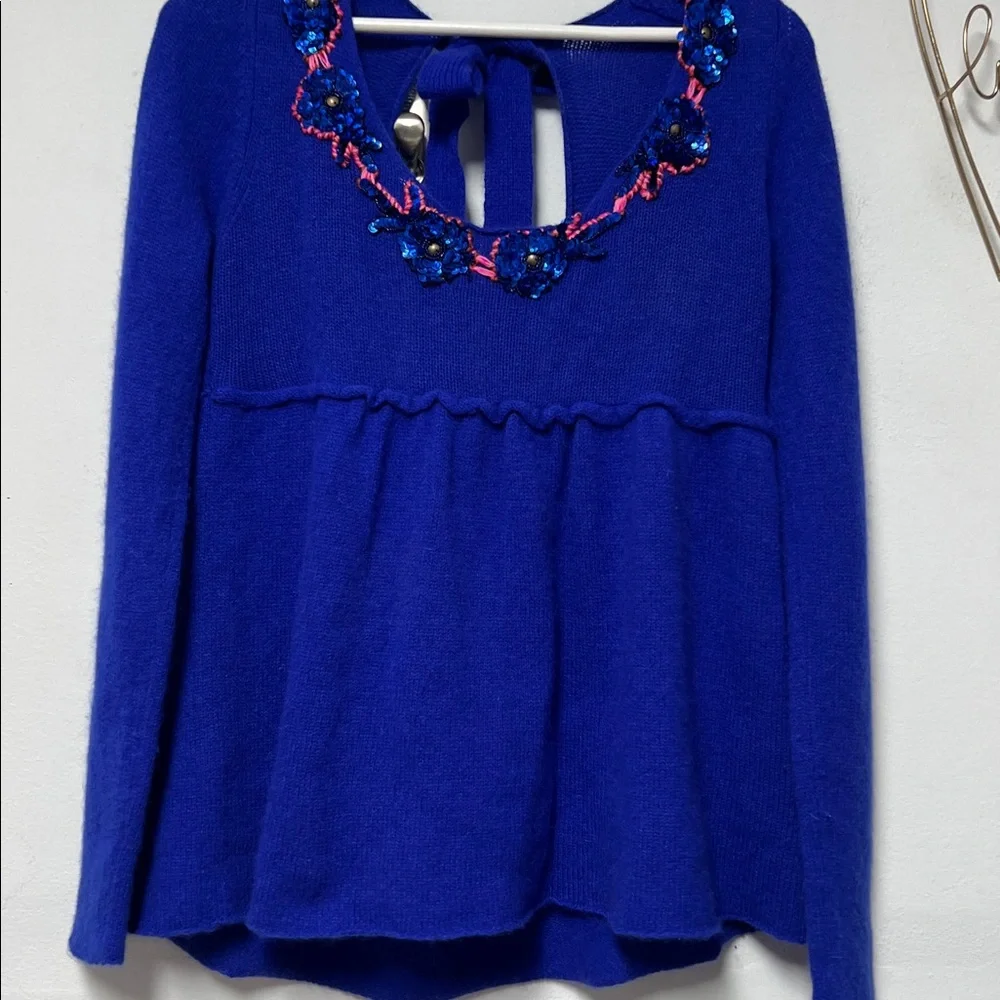 Free People Royal Blue sequins Embellished babydoll sweater size M